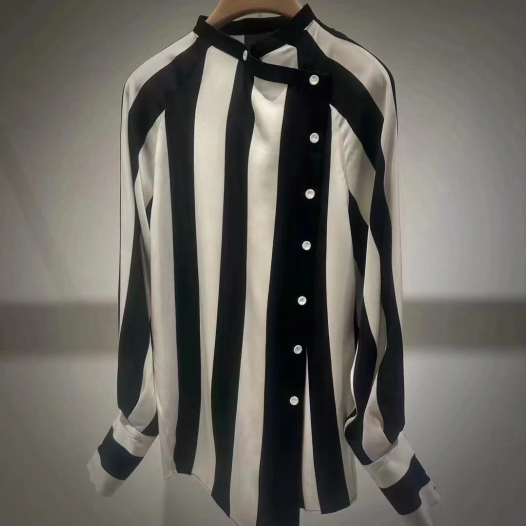 休闲条纹直筒阔腿裤套装衬衫