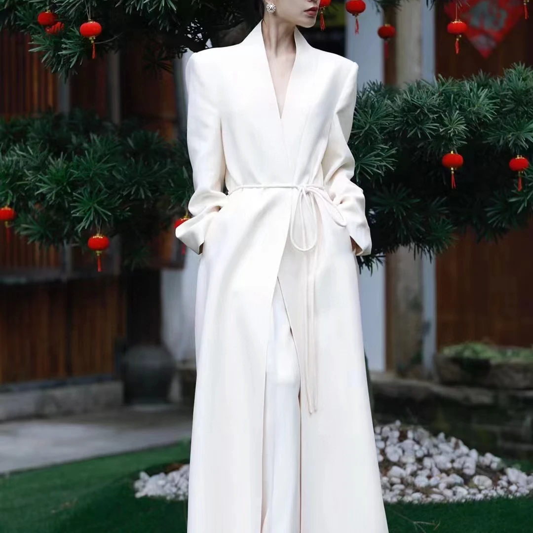 2024春夏新款长款大衣开衫直筒阔腿裤套装