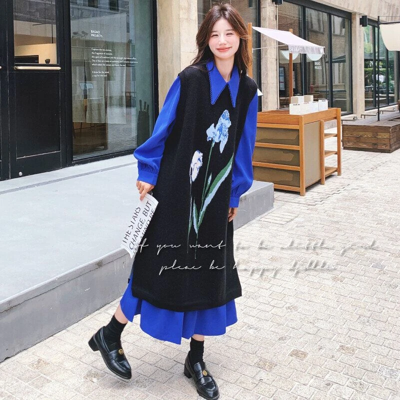 2025秋装新款氛围感遮肉显瘦显白克莱因蓝衬衫裙提花针织叠穿套装