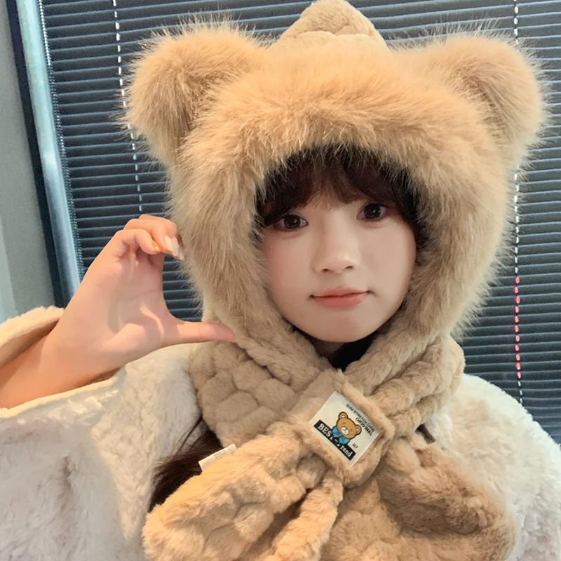 可爱帽围巾一体女秋冬天骑行可爱毛绒百搭秋冬毛绒二件套手套连帽