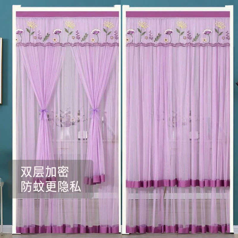 夏季防蚊虫单纱门帘蕾丝刺绣免打孔魔术贴门帘隔断帘卧室门帘