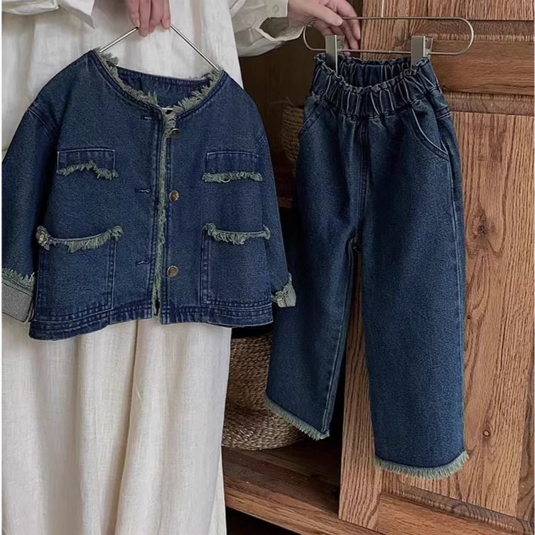 女童套装秋季2024新款洋气牛仔外套韩版阔腿裤两件套中童宽松休闲