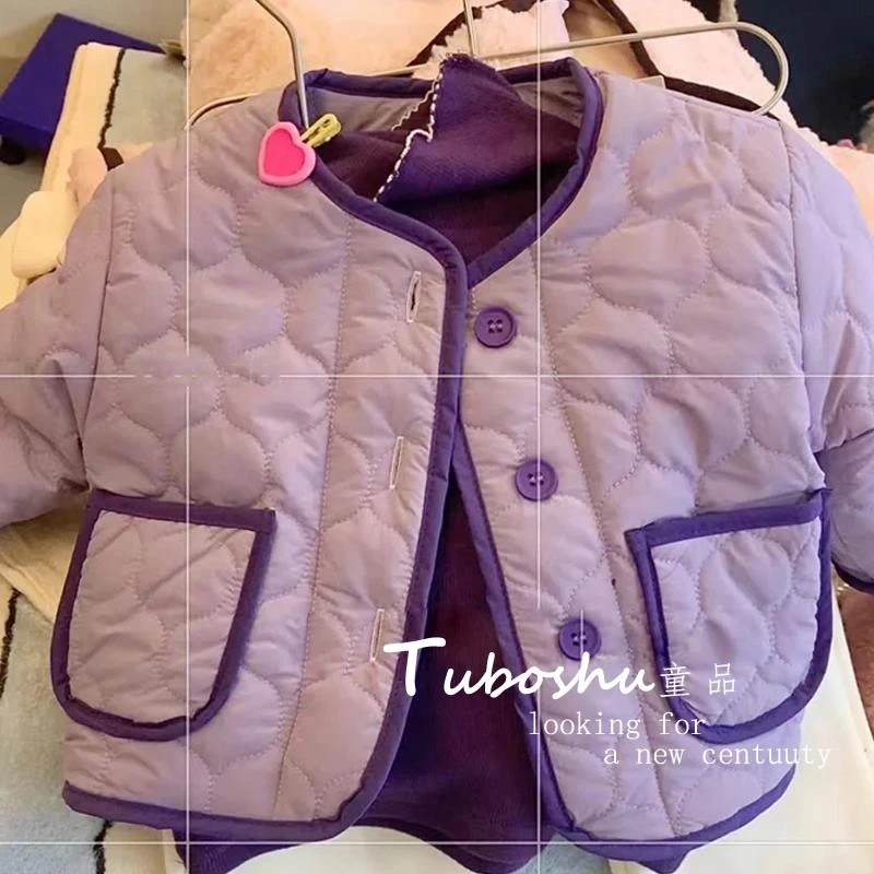 韩版童装女童2024秋冬款时髦洋气紫色棉服儿童百搭单排扣夹棉外套