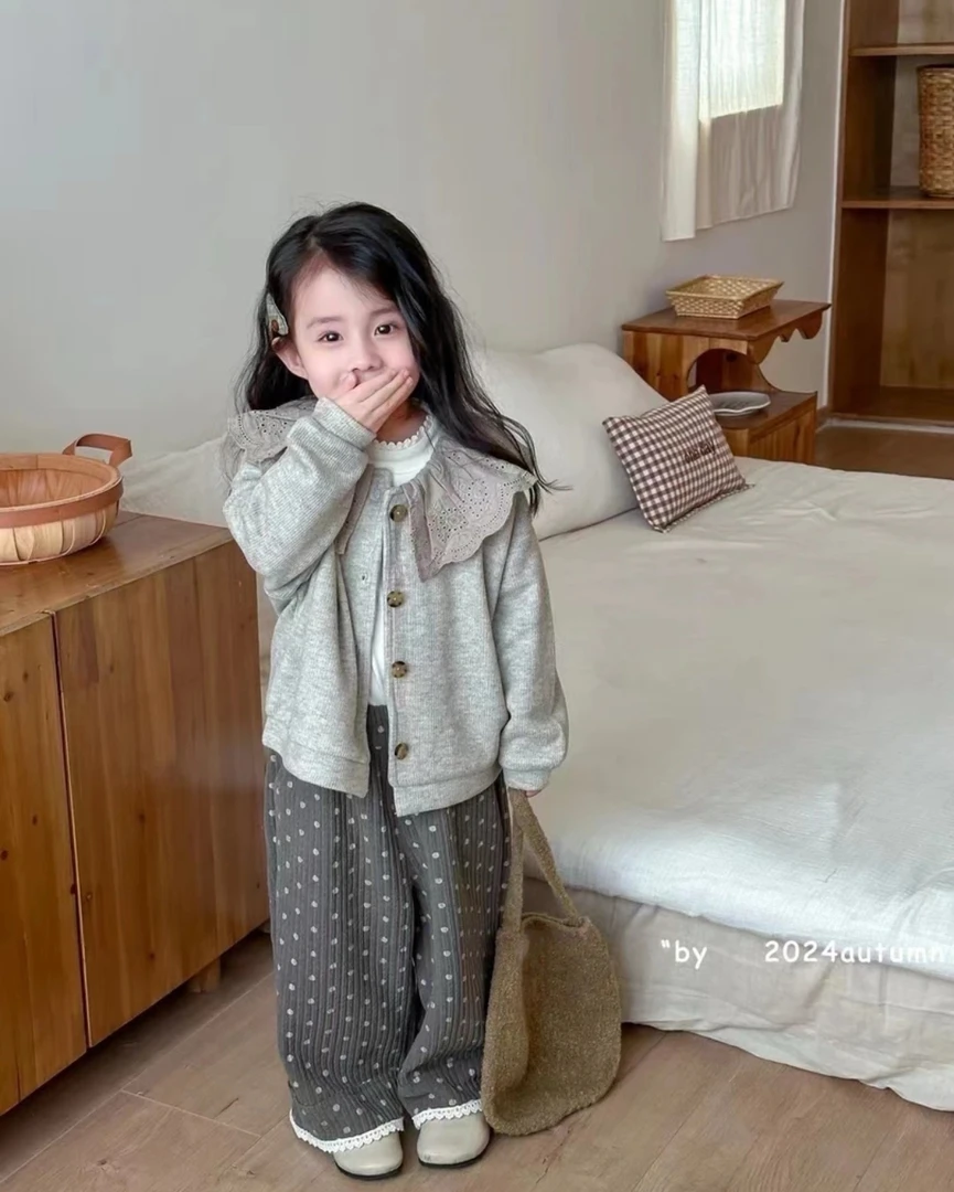 女童针织开衫2024秋季新款儿童蕾丝荷叶领毛衣宝宝宽松长袖外套潮