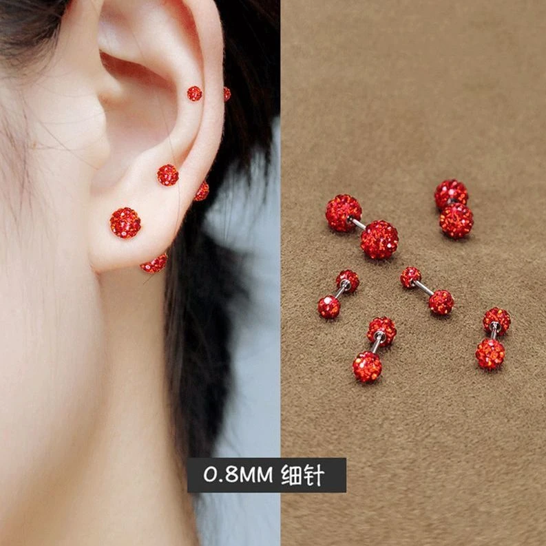 钛钢木质耳饰 气质红色超闪钻球耳骨钉女本命年螺丝扣耳钉耳蜗钉