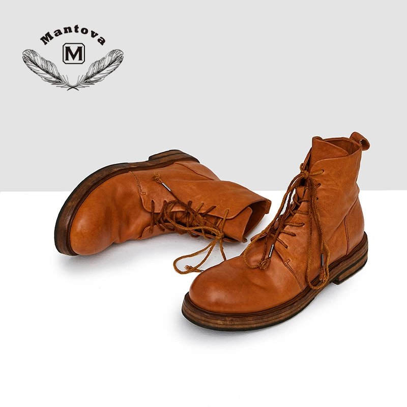 mantova秋季新款骑士靴固特异马皮英伦风中筒机车马丁靴女鞋短靴