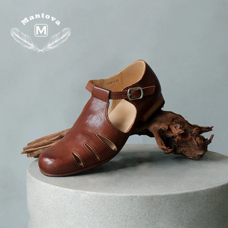 mantova曼托瓦复古镂空罗马凉鞋夏季新款真皮马皮手工女鞋白搭潮