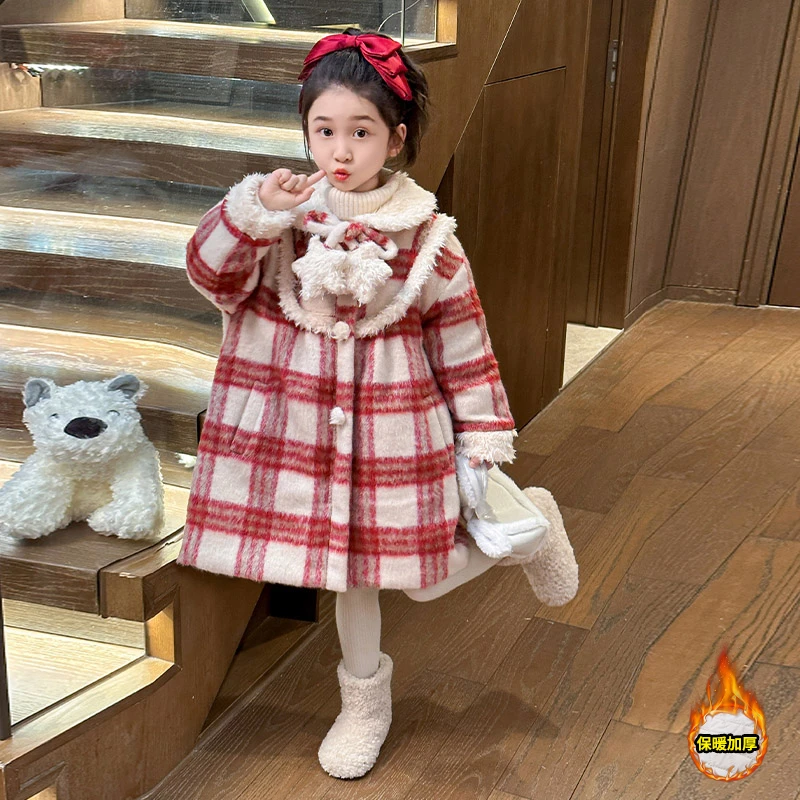 女童冬季格子毛呢外套洋气新款小女孩夹棉加厚中长款时髦儿童冬装