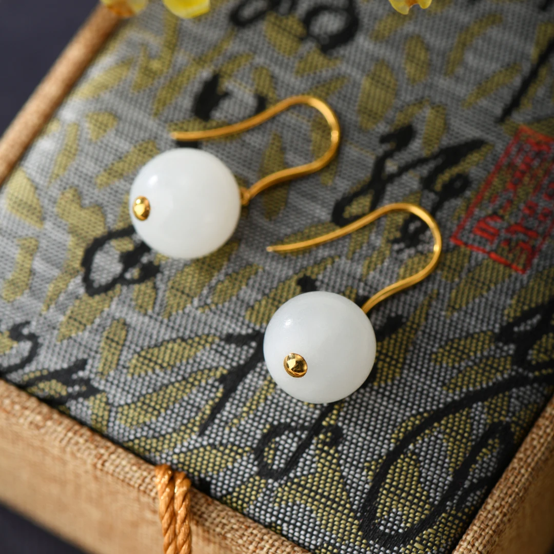 qiyuliangyuan/祺玉良源和田玉羊脂玉18K圆珠时尚简约大气耳坠