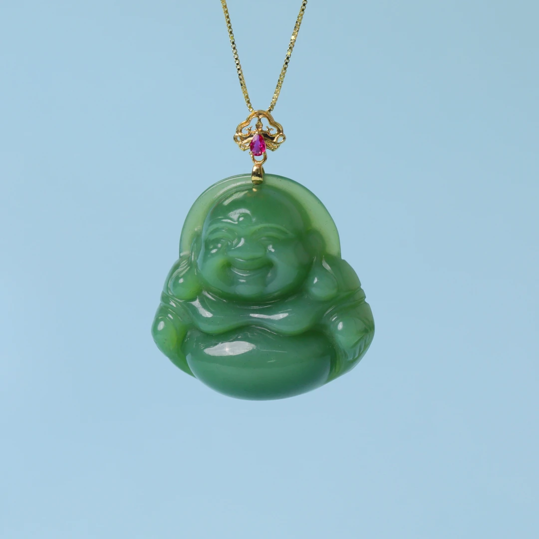 qiyuliangyuan/祺玉良源和田玉 碧玉18K镶嵌粉青精美猫眼佛公吊坠