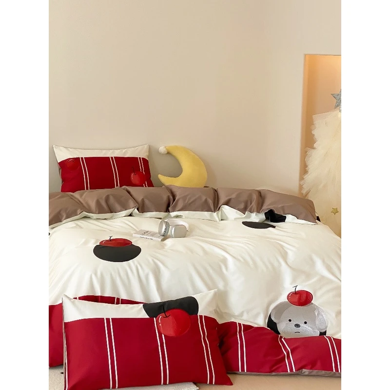 韩式卡通100s新疆长绒棉舒适床单四件套全棉毛巾绣被套床上用品4