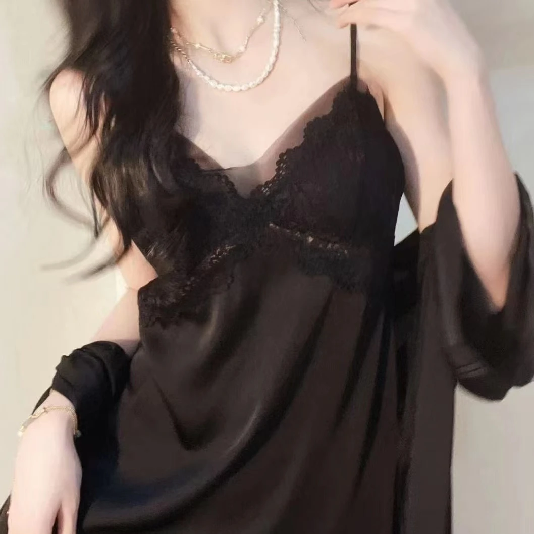 睡衣女款爆款2024新款夏季蕾丝带胸垫吊带睡裙套装薄款性感纯欲