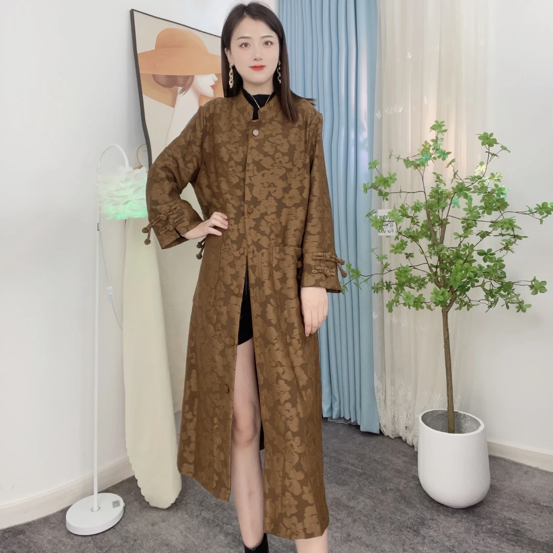 2024新款时尚减龄韩版长款大气风衣提花设计师外套气质印花长款