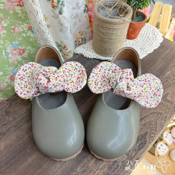 森系甜美碎花蝴蝶结拼色真皮手工鞋日系圆头超舒适韩系百搭玛丽珍
