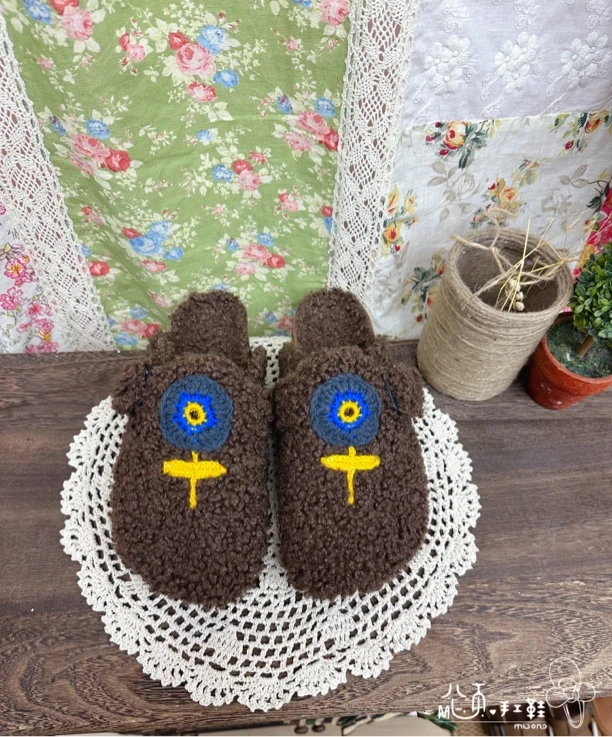 毛毛勃肯鞋手工毛线花朵包头拖鞋女泰迪卷博肯拖鞋软底半拖韩版