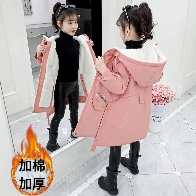 2023新款女童秋冬装棉衣加绒棉袄中大童儿童外套中长款洋气派克服