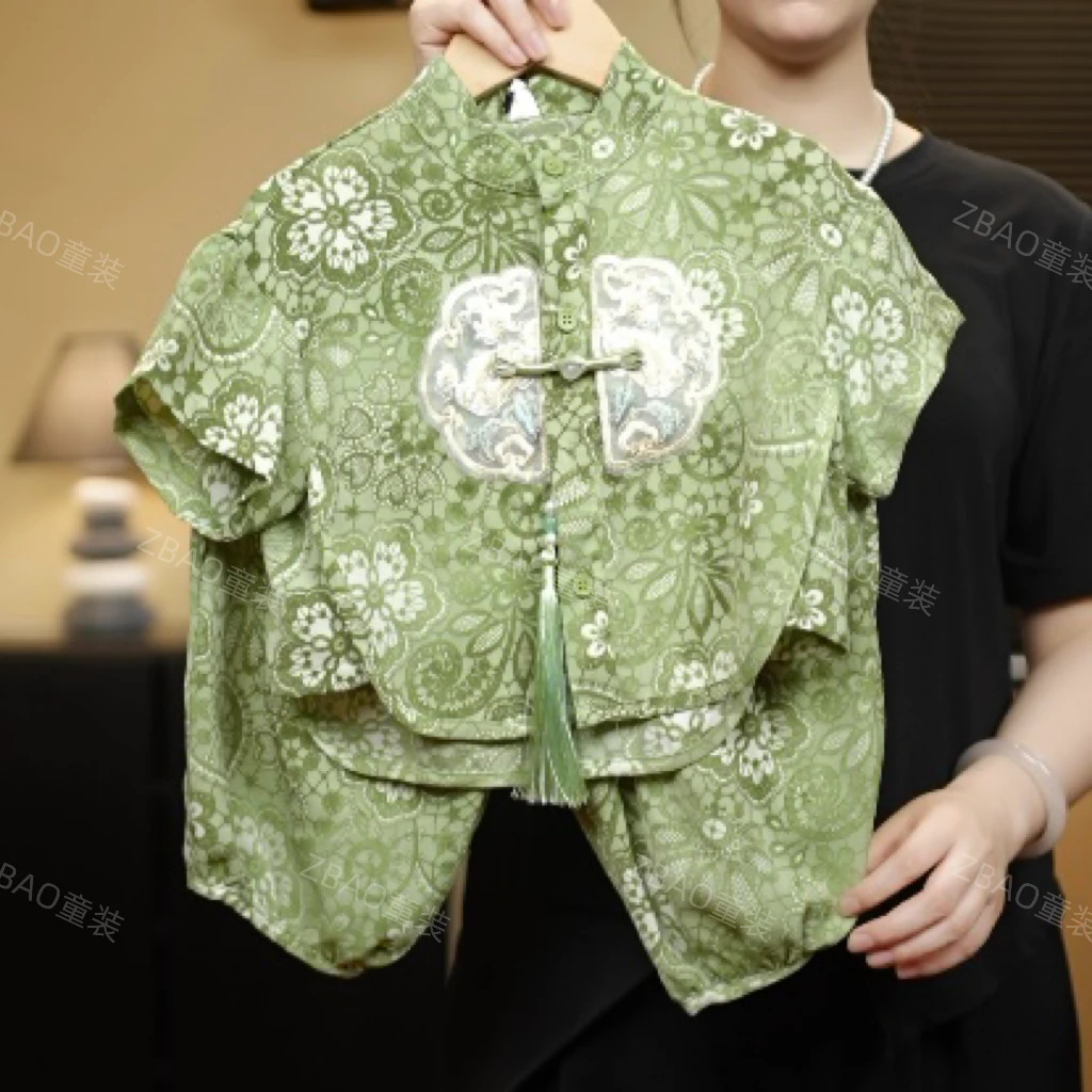 <现货>ZBAO原创设计2024儿童新款中山装宽松短袖套装35826