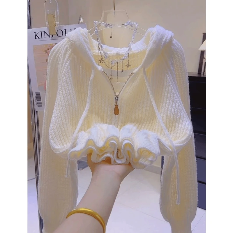 针织长袖拉链款糖果色甩帽开衫时尚韩版毛衣款外套洋气百搭显瘦