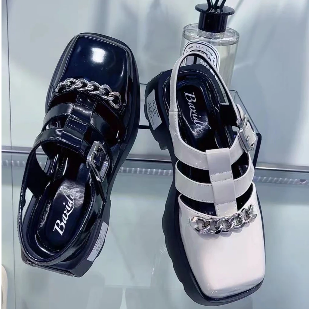 JF燕欧厚底高级感真皮罗马凉鞋女2024年夏季新款黑白镂空猪笼鞋