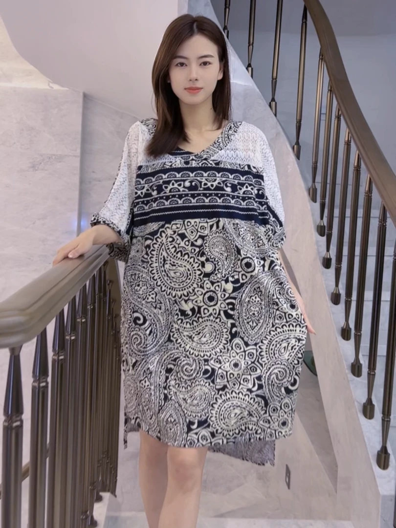 女士夏季莫代尔棉宽松舒适蝙蝠袖连衣裙