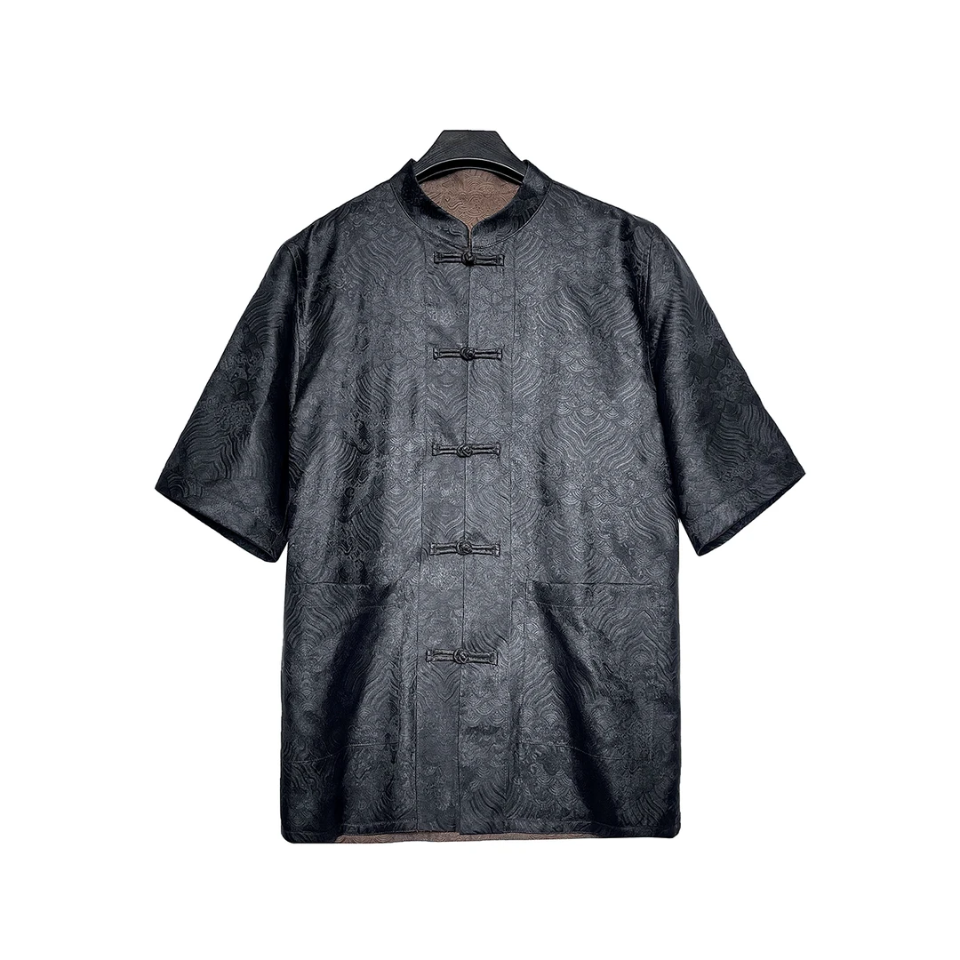 B24318-男士夏季新款香云纱桑蚕丝缇花中式盘口双面穿透气上衣