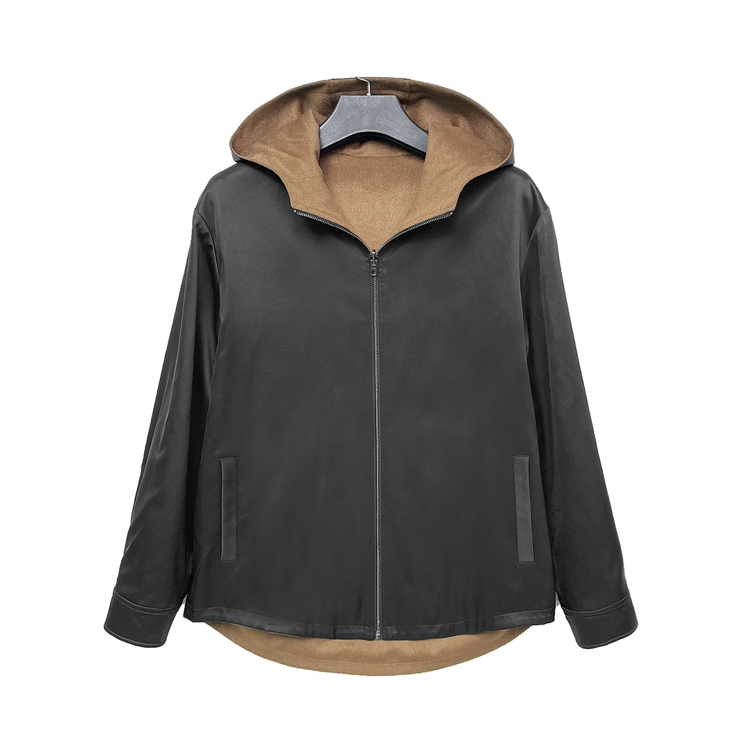 B241030-男士秋冬新款桑蚕丝香云纱重缎皮料休闲双面穿戴帽外套