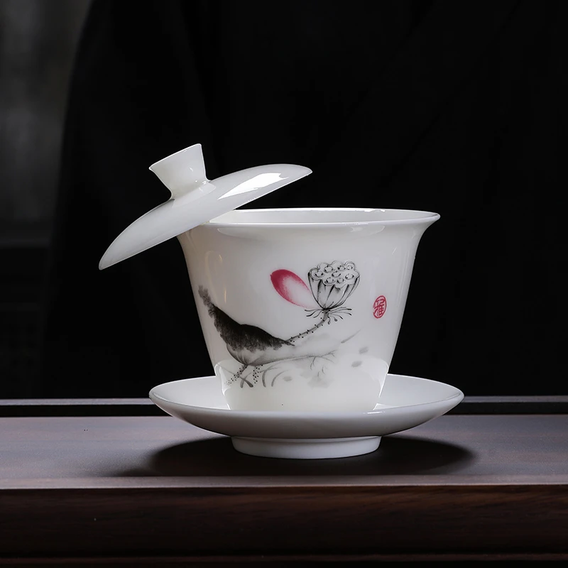 圣凌茶道三才盖碗单个小号敬茶碗羊脂玉瓷茶碗泡茶碗白瓷泡茶碗