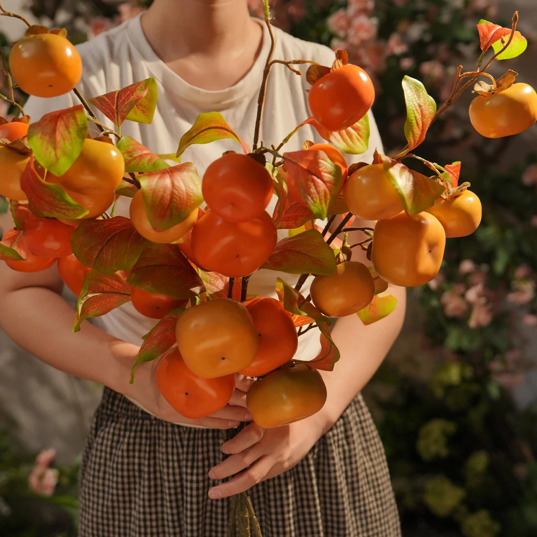 （柿柿如意）柿子 外贸款 仿真  双色6头 仿真带叶柿子 客厅装饰