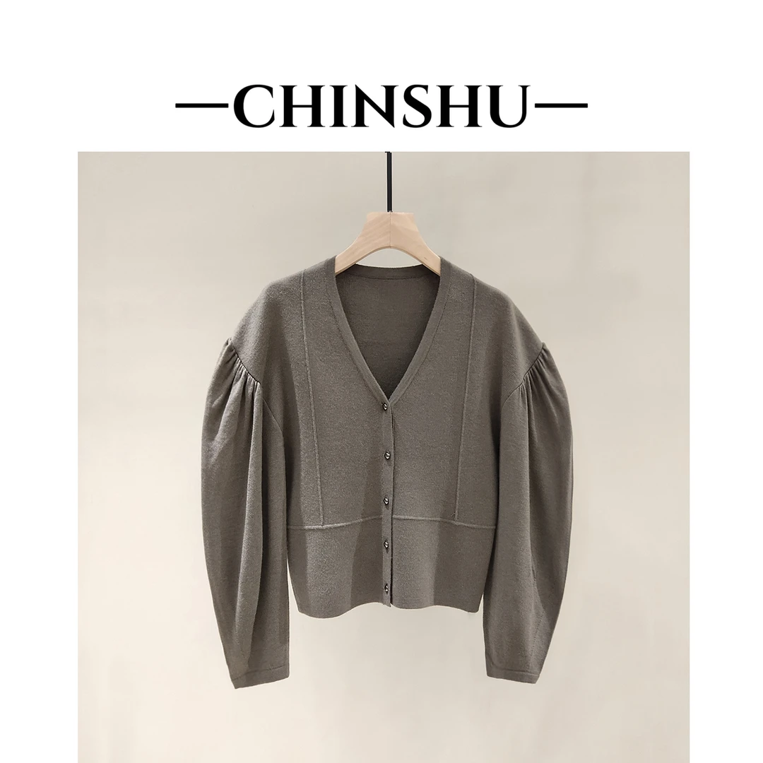 CHINSHU/清舒短款公主袖单排扣精纺超细羊芼针织开衫#9101