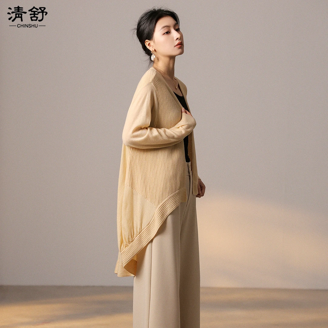 CHINSHU/清舒春夏薄款中长款坑条超细羊毛针织开衫披肩#9011