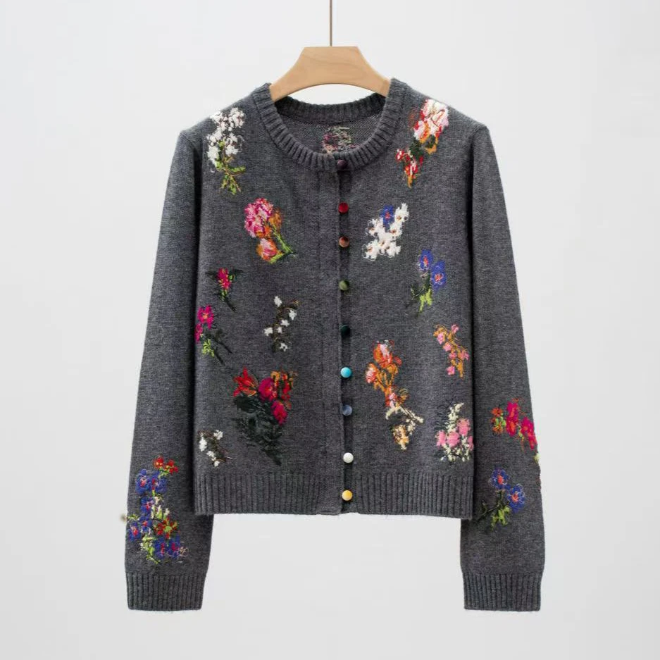 秋冬新款刺绣提花圆领休闲针织开衫MA4SYDZ1617