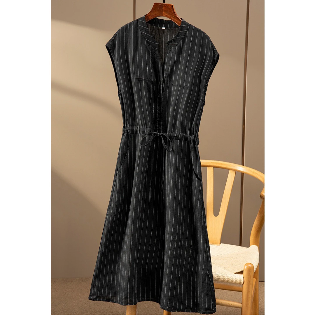 气质复古文艺中长款亚麻竖条纹系带收腰连衣裙MA4SYGZ0764