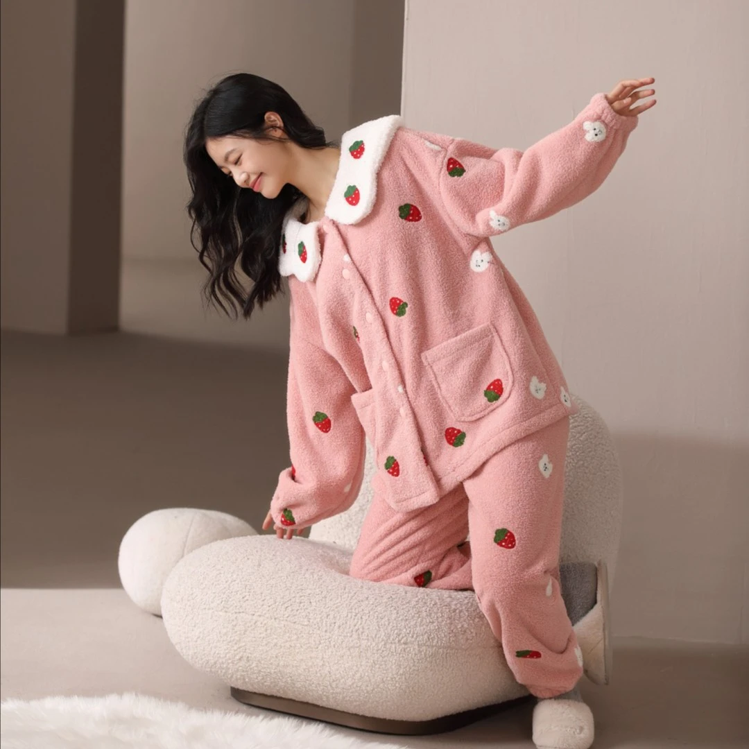 安之伴冬季新款加绒加厚保暖睡衣女月子珊瑚绒套装82141322357