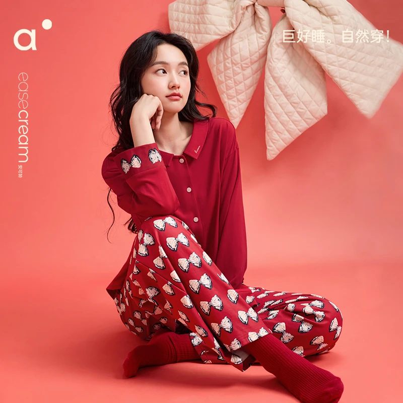 安之伴本命年红色纯棉春秋睡衣女士蝴蝶结家居服套装82431722003
