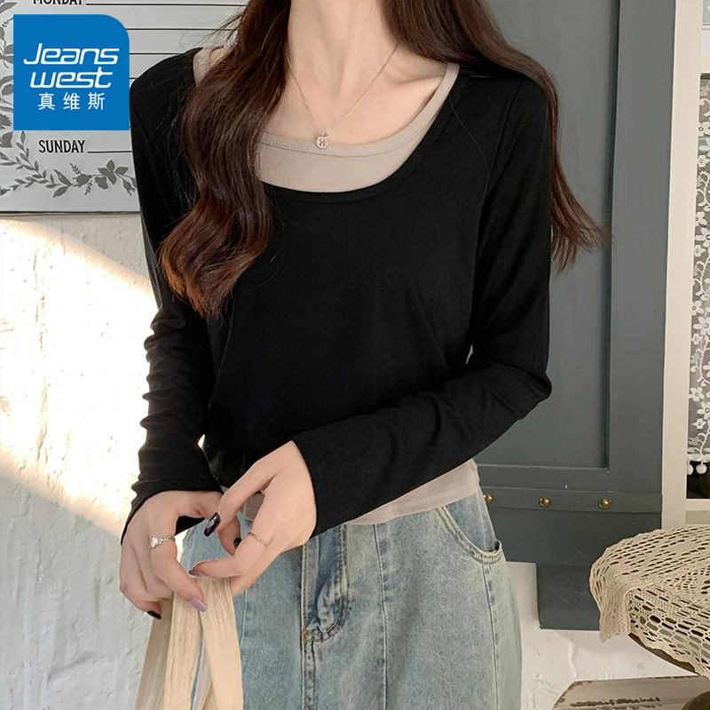 真维斯女装T恤长袖网红款假两件设计感2024上衣秋季短款打底衫潮