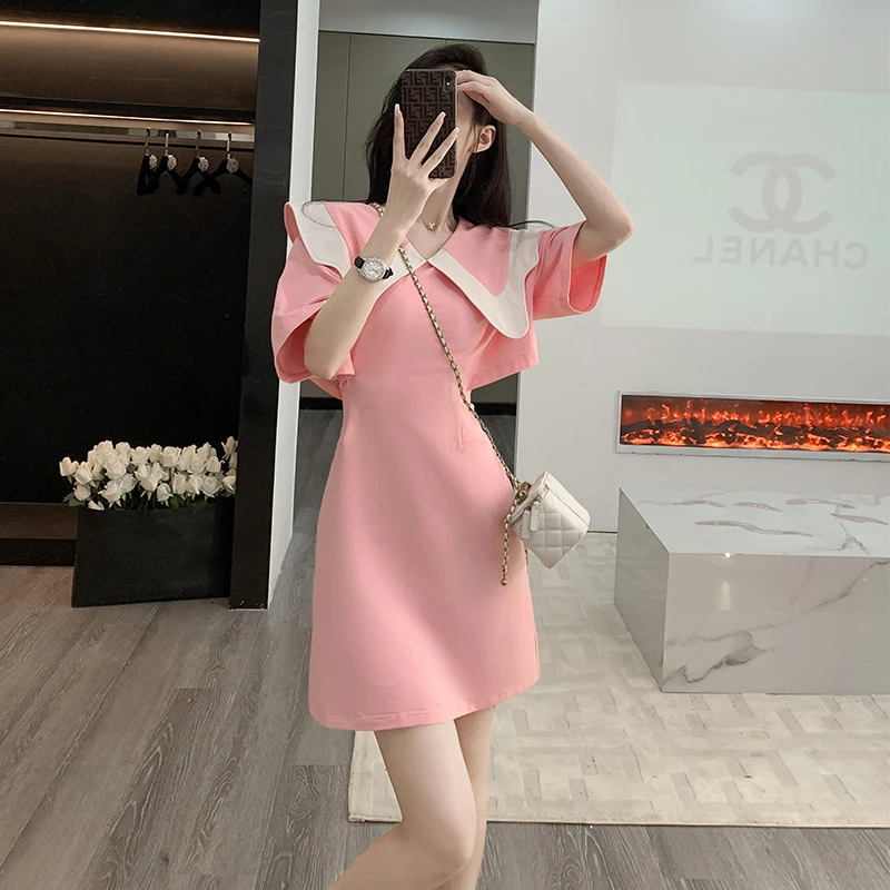 韩版粉色甜美修身翻领连衣裙夏季新款设计感小众显瘦休闲短袖裙子