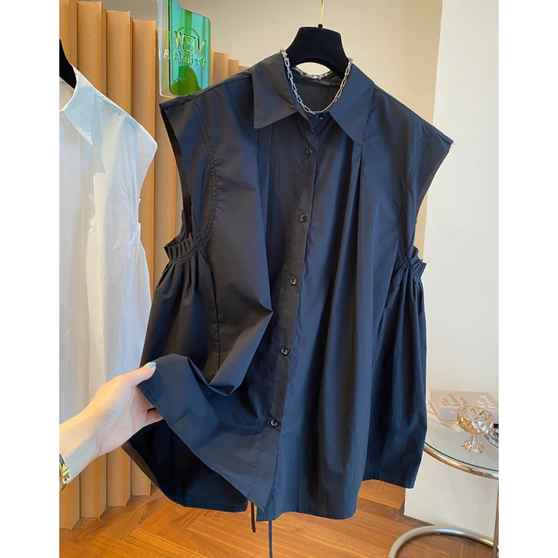2024新款钢琴褶小飞袖衬衫女设计感小众宽松休闲A字版无袖上衣夏