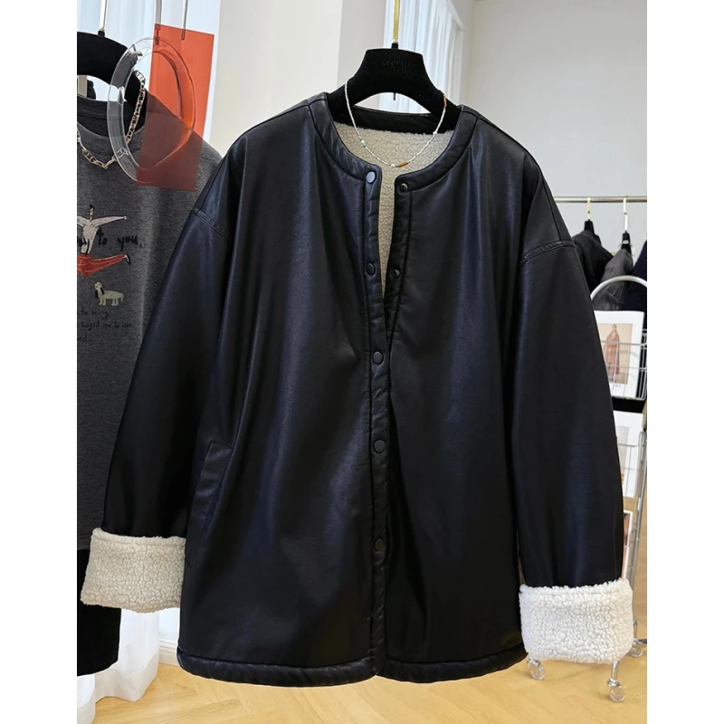 高级感加绒加厚皮衣外套女秋冬新款宽松慵懒pu皮夹克独特超好看