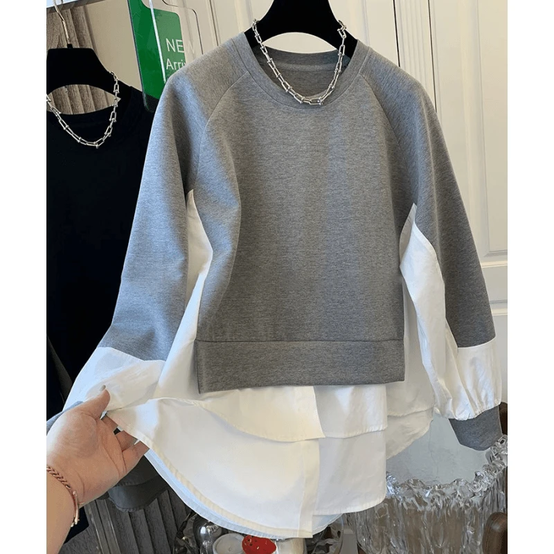 撞色拼接衬衫套头假两件卫衣女上衣宽松设计感小众2024年秋装新款