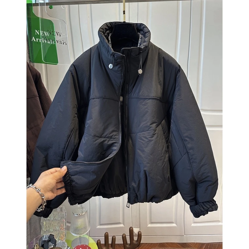 高级感抽绳立领黑色棉服女外套短款休闲夹棉轻薄棉衣冬季2024爆款