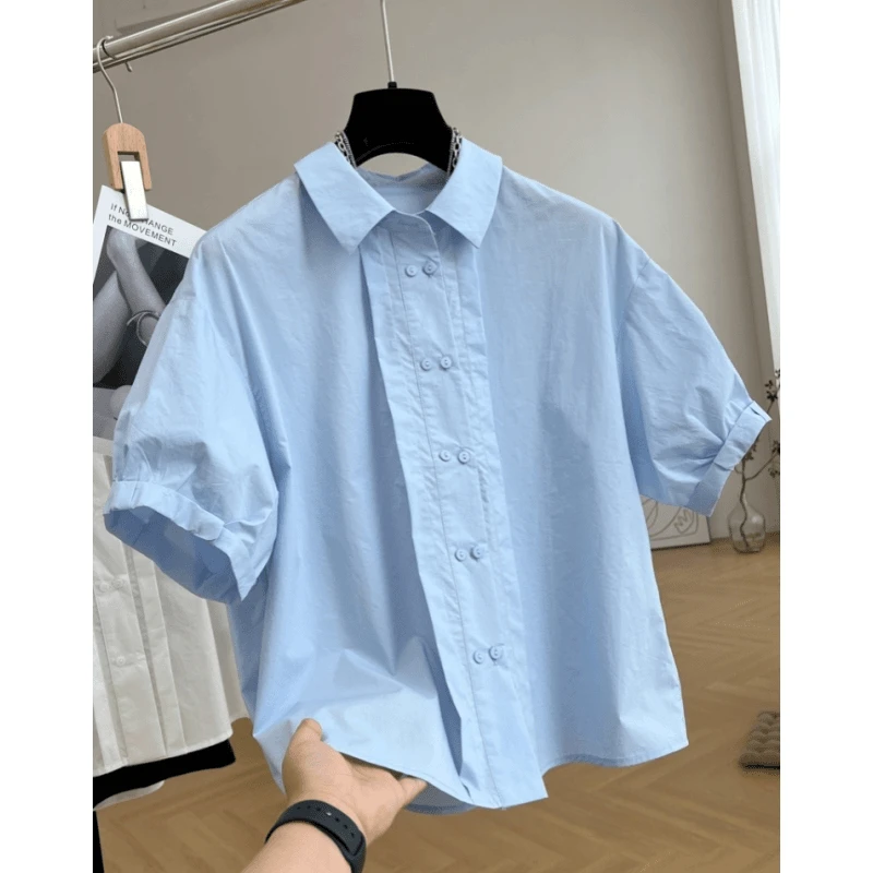 韩系重工褶皱短袖衬衫女2024夏季新款宽松设计感小众休闲小衫上衣