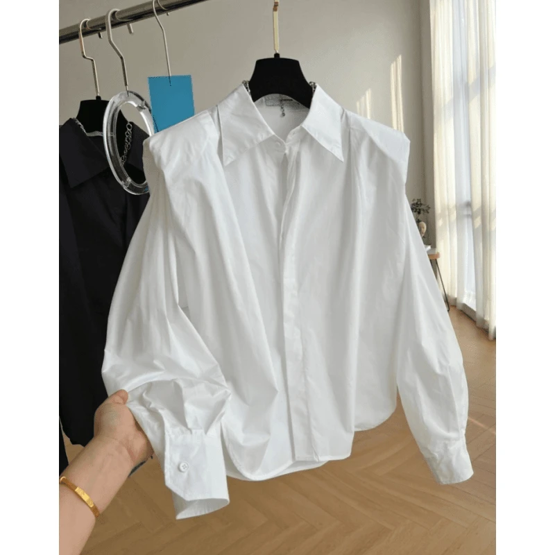 2024春秋设计感独特小众垫肩飞肩长袖棉布衬衫女高级感洋气上衣