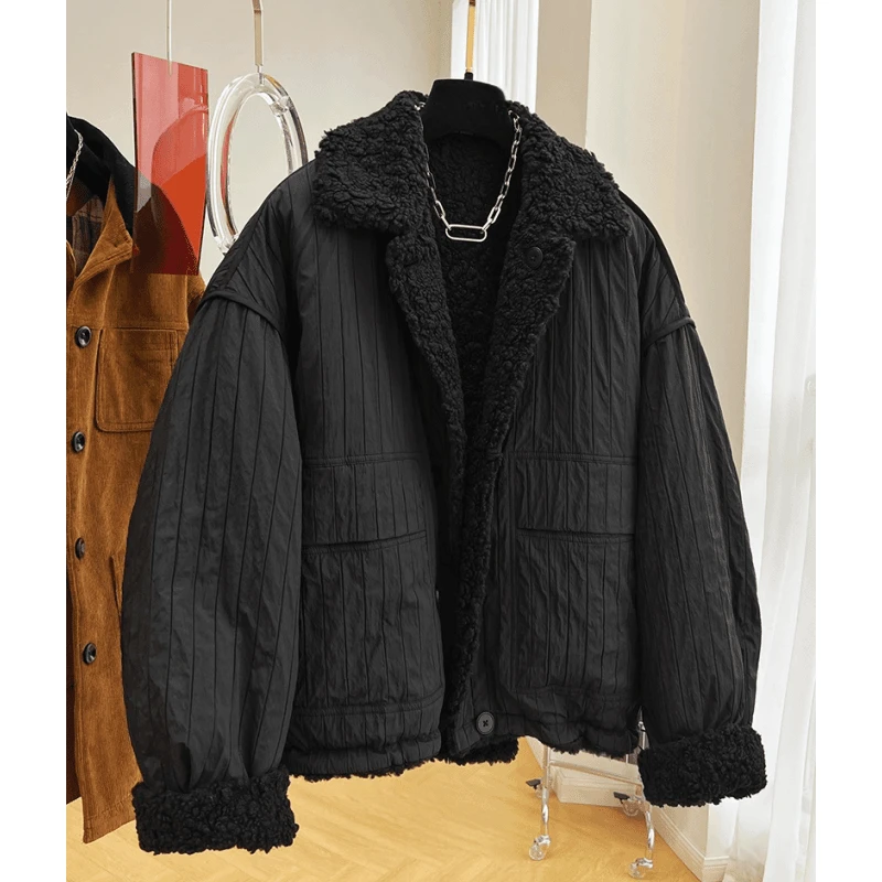 2024新款高级感毛茸茸短款外套女秋冬宽松加厚两面穿棉袄棉衣棉服