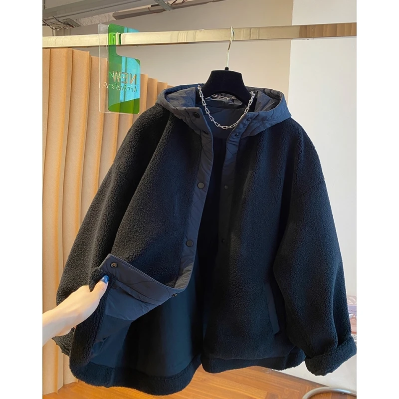 黑色连帽毛绒绒外套女冬季2024年新款宽松加厚保暖毛茸茸毛毛上衣