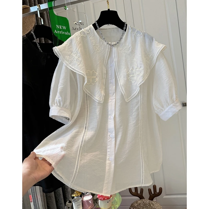高级感娃娃领刺绣短袖女雪纺上衣女遮屁股洋气宽松休闲2024夏季新