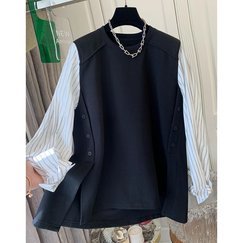 气质条纹衬衫假两件卫衣上衣女装宽松休闲慵懒风开叉2024春季新款