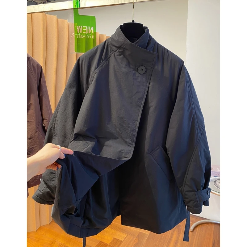 韩国时尚设计感一粒扣立领风衣棉服女冬季2024宽松中长款棉衣外套