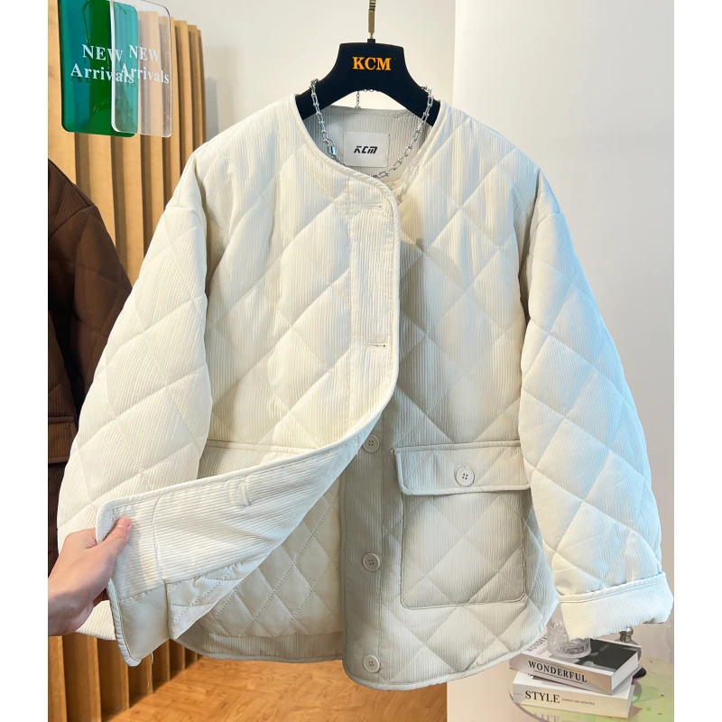 加棉加厚宽松无领菱形格棉服女冬季极简圆领棉衣外套2024年新款