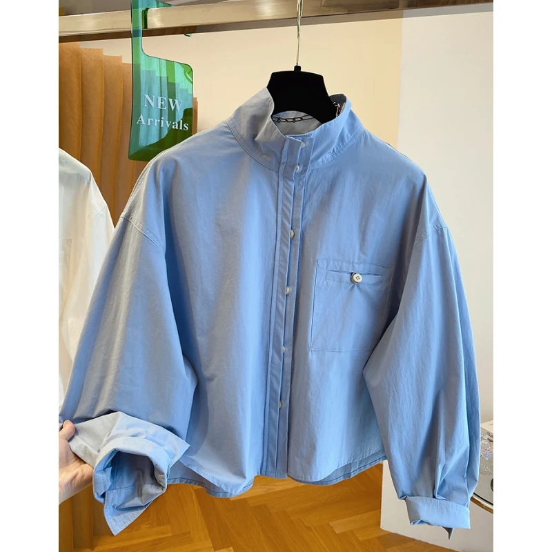 高级感蓝色立领长袖衬衫女春秋2024新款宽松洋气显瘦衬衣外套上衣