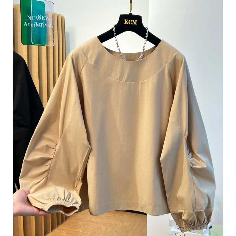 小众宽松褶皱泡泡袖衬衫女低圆领套头灯笼袖娃娃衫上衣2024秋新款